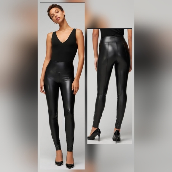 WHBM SZ 8 Black Faux Leather Matrix Bodycon Pull On Skinny Ankle Runway Legging - Picture 1 of 13